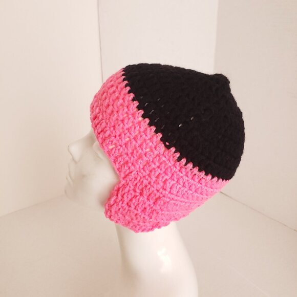New Handmade Crochet Black and Pink Hat Beanie with Ear Flaps - Picture 5 of 8